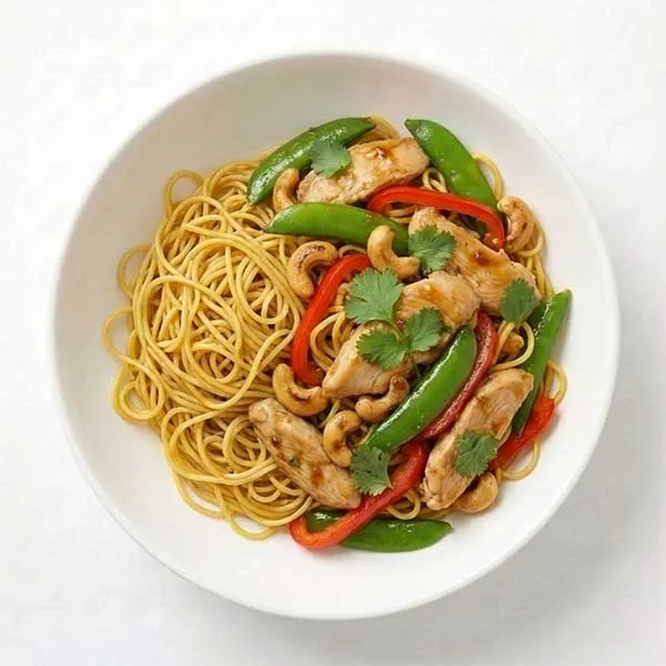 Chicken & Cashew Nut Stir-fry with Thin Egg Noodles & Snap Peas